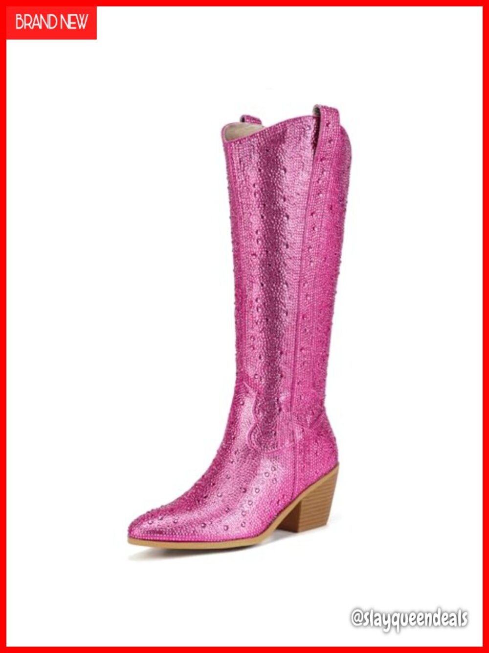 Knee High Western Boots Pointed Toe Rhinestone Zipper Block Heel